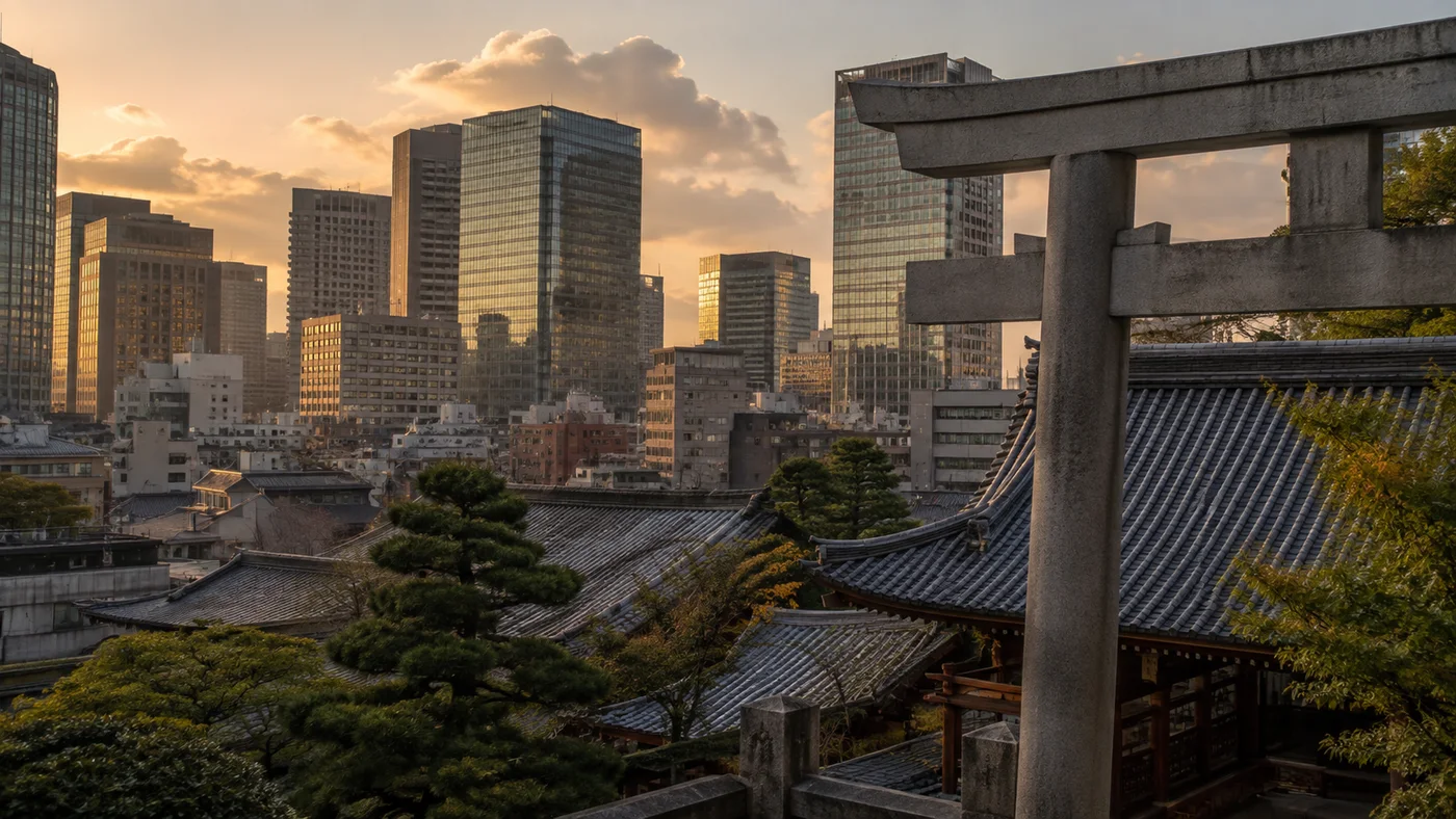 石の鳥居と瓦屋根の向こうに現代的なビル群が立ち並ぶ、歴史と商業地が共存する街並み