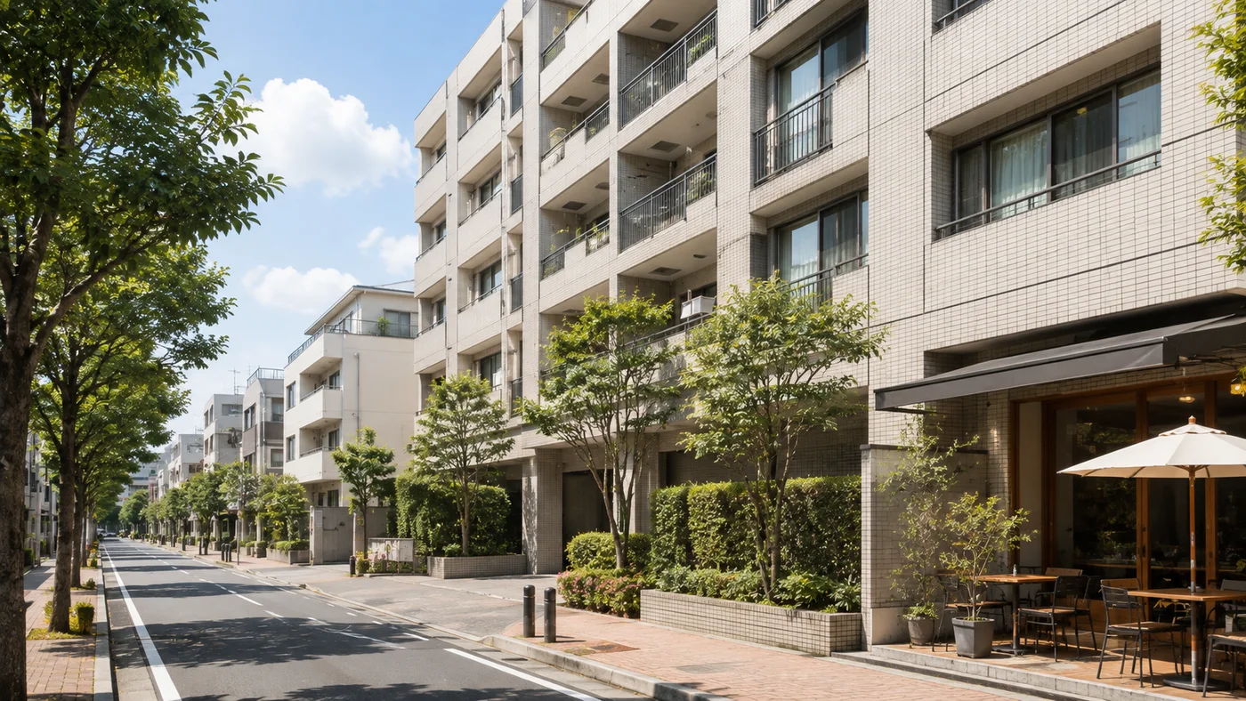 街路樹とカフェのある落ち着いた通りに立つ中層マンションの外観