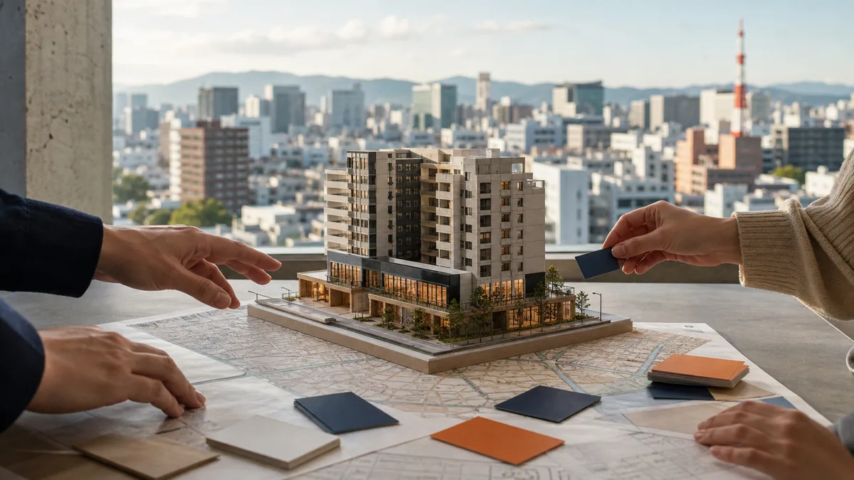 福岡の街並みを背景に、建物模型と参加者カードを囲んで物件を検討する様子
